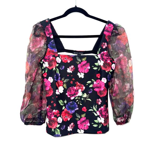 Boston Proper Organza Sheer Sleeve Scuba Floral Top - Black/Multi S - Picture 2 of 6